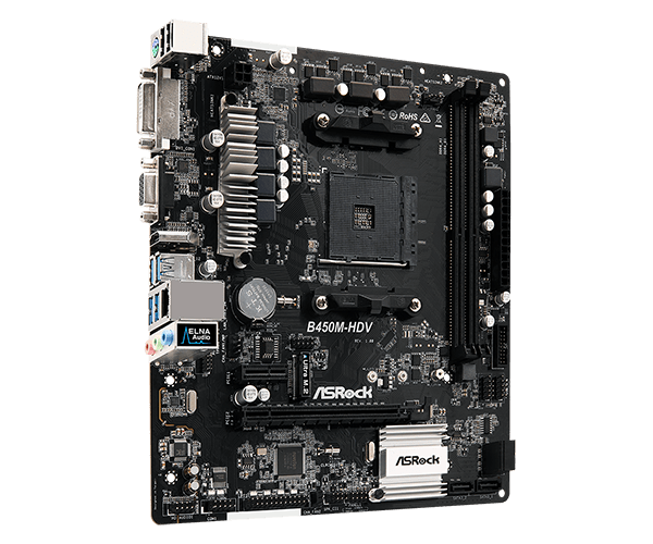 ASRock B450M-HDV – AM4, 2x DDR4, mATX, 1× M.2, 4× SATA3, HDMI/DVI-D/D-Sub, Gigabit LAN