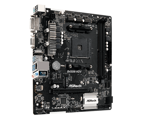 ASRock B450M-HDV – AM4, 2x DDR4, mATX, 1× M.2, 4× SATA3, HDMI/DVI-D/D-Sub, Gigabit LAN