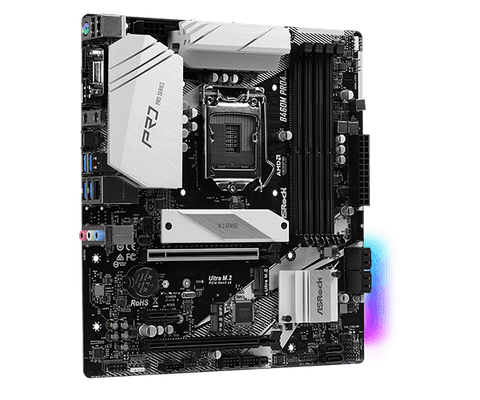 ASRock B460M Pro4 – LGA1200, 4x DDR4, mATX, 2× Ultra M.2, 6× SATA3, HDMI/DisplayPort/D-Sub, Gigabit LAN